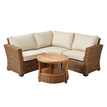 Winston Porter 3Pcs Patio Rattan Furniture Set Solid Wood Frame Cushion Sofa Round Table Shelf