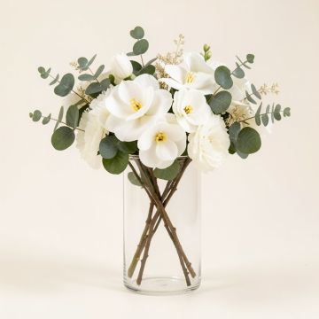 Real Touch White Magnolia & Eucalyptus Arrangement In Glass Cylinder Vase (synthetic illustration; no displayed measurements)