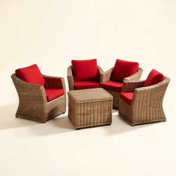 August Grove® 3Pcs Rattan Wicker Patio Conversation Set Outdoor Furniture Set W/ Red Cushion (synthetic illustration; no displayed measurements)