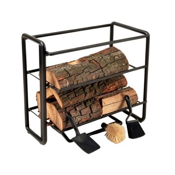 Fireplace Log Holder 2 Layer Iron Fire Wood Rack With 4 Firepit Tools Set - Brush