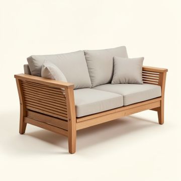Aldridge Teak Patio Sofa With Cushions (synthetic illustration; no displayed measurements)
