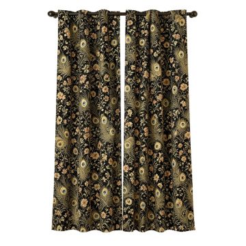 Grietje Baconton Timeless East Asian Chinoiserie Peacock Garden Luxury 100 % Cotton Floral Blackout Curtain Panel