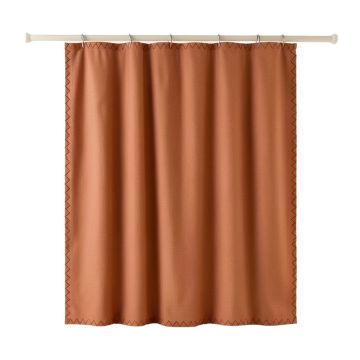 Linden Dell Shower Curtain Hanging Flat From A Plain Rod - Terracotta