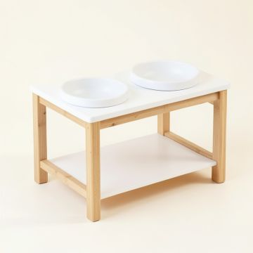 Olive Arc Pet Feeding Stand With Two Plain Empty Bowls (synthetic illustration; no displayed measurements)