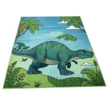 Weranna Dinosaur Dino Safari Road Map Educational Learning Green/Blue Indoor/Outdoor Rug
