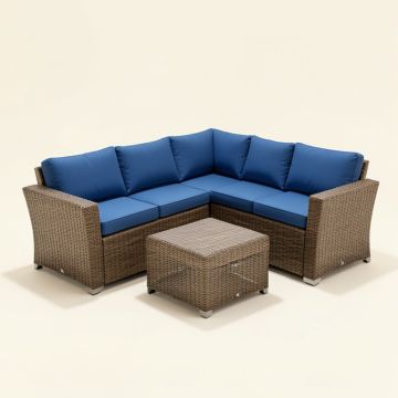 Winston Porter 3Pcs Outdoor Rattan Conversation Set Patio Furniture Set W/ Blue Cushions (synthetic illustration; no displayed measurements)