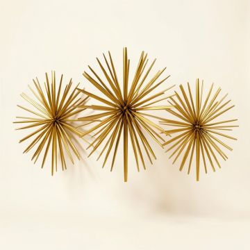 Set Of 3 Contemporary 6 , 9 , And 11 Inch Gold Tin Starburst Sculptures (synthetic illustration; no displayed measurements)