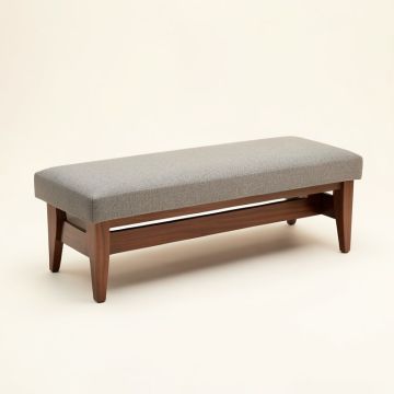 Cutts Mid-Century Modern Greyish Beige Fabric Upholstered Walnut Finished Bench (synthetic illustration; no displayed measurements)