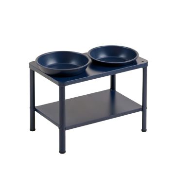 Birch Bridge Pet Feeding Stand With Two Plain Empty Bowls - Navy