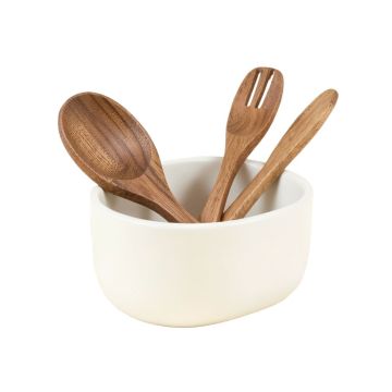 Ayesha Collection Parawood Cooking Tool And Ceramic Crock Set , 4-Piece