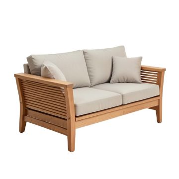 Aldridge Teak Patio Sofa With Cushions (synthetic illustration; no displayed measurements)