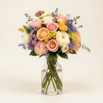 Bouquet Mixed Floral Arrangement In Glass Vase (synthetic illustration; no displayed measurements)