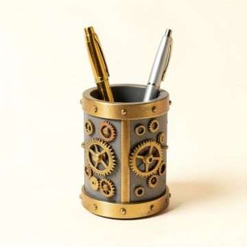 Industrial Steampunk Dual Gear Pen Holder (synthetic illustration; no displayed measurements)