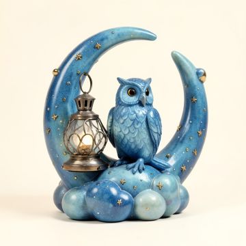Celestial Bookworm Carrying Lantern And Owl Sitting On Crescent Moon Clouds And Stars Statue (synthetic illustration; no displayed measurements)
