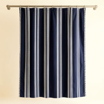 Lake Crossing Shower Curtain Hanging Flat From A Plain Rod - Navy (synthetic illustration; no displayed measurements)