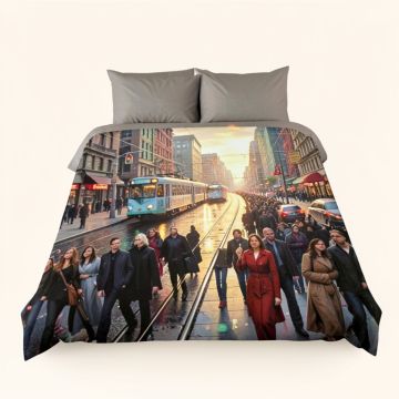 Fantasy Art Urban Abstract Picture With Tramway And Human Crowd Cityscape Traffic (synthetic illustration; no displayed measurements)