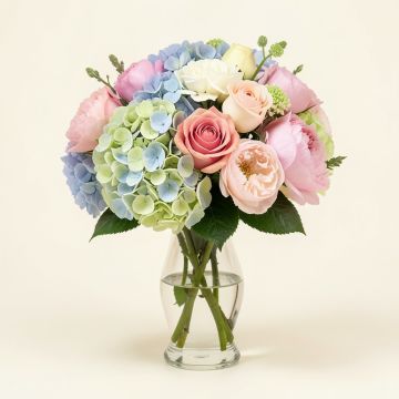 Hydrangea Rose And Peony Silk Mixed Floral Arrangement In Glass Vase (synthetic illustration; no displayed measurements)