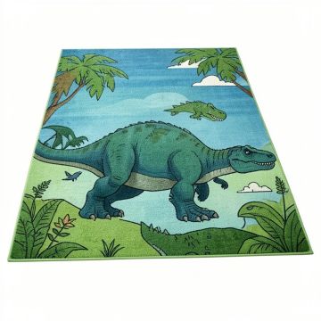 Weranna Dinosaur Dino Safari Road Map Educational Learning Green/Blue Indoor/Outdoor Rug (synthetic illustration; no displayed measurements)