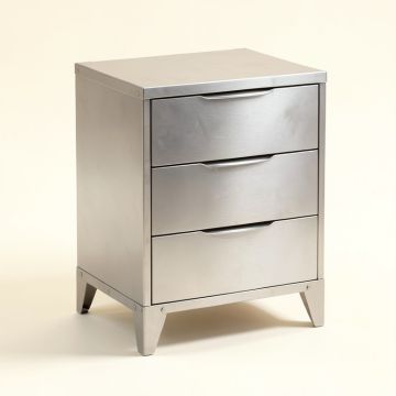 Bohn French Industrial Silver Metal 3-Drawer Nightstand (synthetic illustration; no displayed measurements)