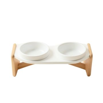 Olive Edge Pet Feeding Stand With Two Plain Empty Bowls - White