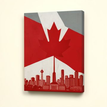 Canadian Flag With Maple Leave And City - Wrapped Canvas Textual Art Print (synthetic illustration; no displayed measurements)