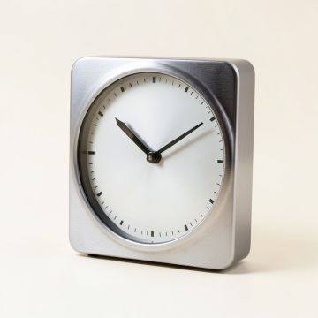 Industrial Analog Metal Quartz Tabletop Clock (synthetic illustration; no displayed measurements)