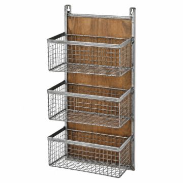 Wood And Metal Wall Organizer With 3 Mesh Baskets , Silver And Brown