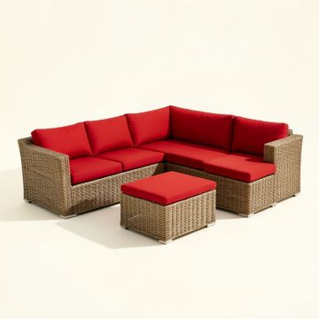 Breakwater Bay 5Pcs Patio Set Sectional Rattan Wicker Furniture Set W/ Red Cushion (synthetic illustration; no displayed measurements)