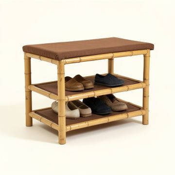 Upholstered Sturdy 3-Tier Bamboo 6 Pair Shoe Storage Bench (synthetic illustration; no displayed measurements)