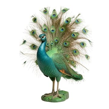 Raubsville Realistic Male Peacock With Beautiful Sculpted Iridescent Train Quill Feathers Statue
