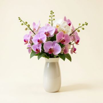 Dancing Lady Orchids Floral Arrangement In Vase (synthetic illustration; no displayed measurements)