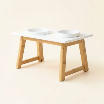 Cedar Branch Pet Feeding Stand With Two Plain Empty Bowls - White (synthetic illustration; no displayed measurements)