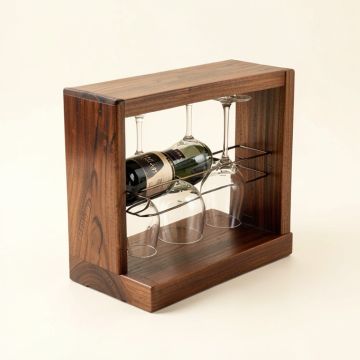 Selman 4 Bottle Solid Wood Tabletop Wine Bottle & Glass Rack In Torched Brown (synthetic illustration; no displayed measurements)
