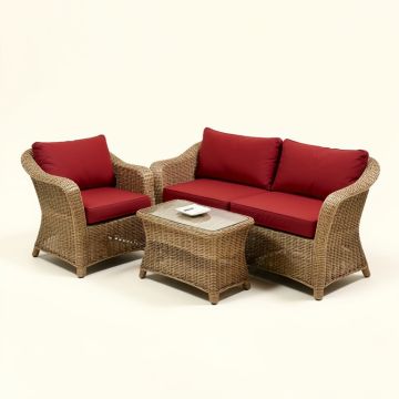 Winston Porter 3Pcs Patio Wicker Rattan Conversation Set Outdoor Furniture Set W/ Red Cushion (synthetic illustration; no displayed measurements)