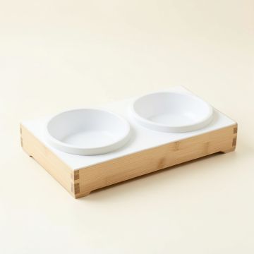 Oak Bend Pet Feeding Stand With Two Plain Empty Bowls - White (synthetic illustration; no displayed measurements)