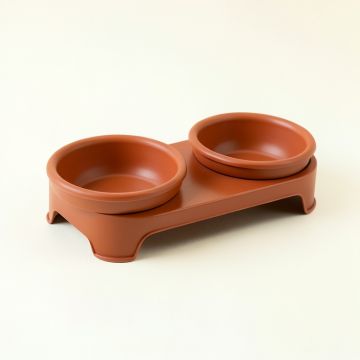Moss Arc Pet Feeding Stand With Two Plain Empty Bowls (synthetic illustration; no displayed measurements)