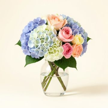 Hydrangea And Rose Floral Arrangement In Glass Vase (synthetic illustration; no displayed measurements)
