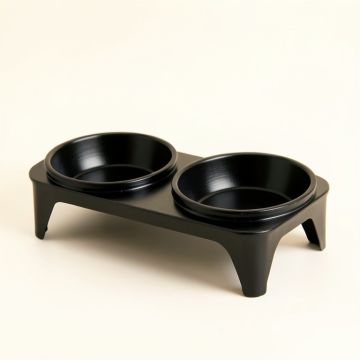 Cedar Bend Pet Feeding Stand With Two Plain Empty Bowls - Black (synthetic illustration; no displayed measurements)