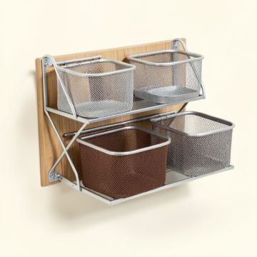 Wood And Metal Wall Organizer With 3 Mesh Baskets , Silver And Brown (synthetic illustration; no displayed measurements)
