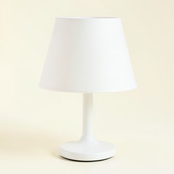 Flint Arc Table Lamp With A Plain Fabric Shade (synthetic illustration; no displayed measurements)