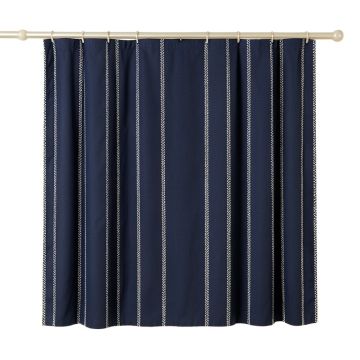Stone Crossing Shower Curtain Hanging Flat From A Plain Rod - Navy