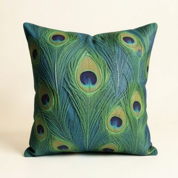 Sunray Peacock Feather Throw Pillow (synthetic illustration; no displayed measurements)