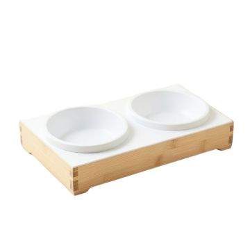 Oak Bend Pet Feeding Stand With Two Plain Empty Bowls - White