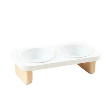 Stone Bridge Pet Feeding Stand With Two Plain Empty Bowls - White
