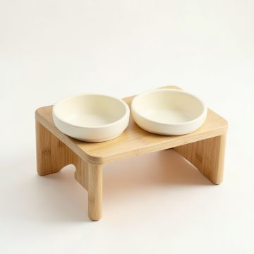 Spruce Branch Pet Feeding Stand With Two Plain Empty Bowls - Cream (synthetic illustration; no displayed measurements)