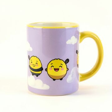 Backus Bee Be Happy Three Cute Bumble Bees With Clouds Background Coffee Mug (synthetic illustration; no displayed measurements)
