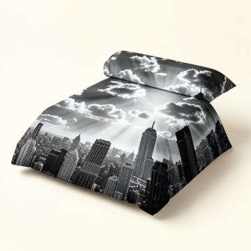 Urban Dramatic New York City Skyline Sun Beams Clouds Skyscrapers Monochrome Landscape (synthetic illustration; no displayed measurements)