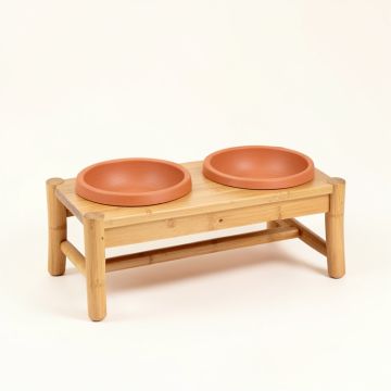 Hazel Arc Pet Feeding Stand With Two Plain Empty Bowls (synthetic illustration; no displayed measurements)