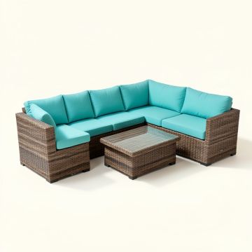 Red Barrel Studio® 4Pcs Patio Furniture Set Outdoor Rattan Sectional Sofa Set W/ Turquoise Cushions (synthetic illustration; no displayed measurements)