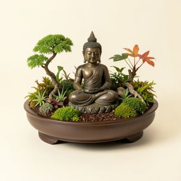 Desktop Zen Garden With Thai Buddha Figurine (synthetic illustration; no displayed measurements)